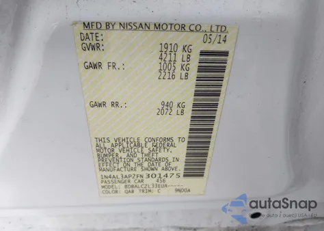 2015 Nissan Altima 2.5/2.5 S/2.5 Sl/2.5 Sv from USA, damaged, VIN 1N4AL3AP2FN301475